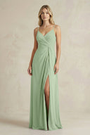 Sheath Cami Strap Ruched Chiffon Bridesmaid Dress in Sage - SHE IS ME Bridesmaid Dresses