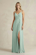 Sheath Cami Strap Ruched Chiffon Bridesmaid Dress in Sage | KISSBRIDAL