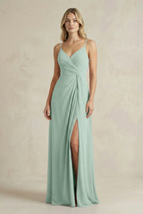 Sheath Cami Strap Ruched Chiffon Bridesmaid Dress in Sage | KISSBRIDAL