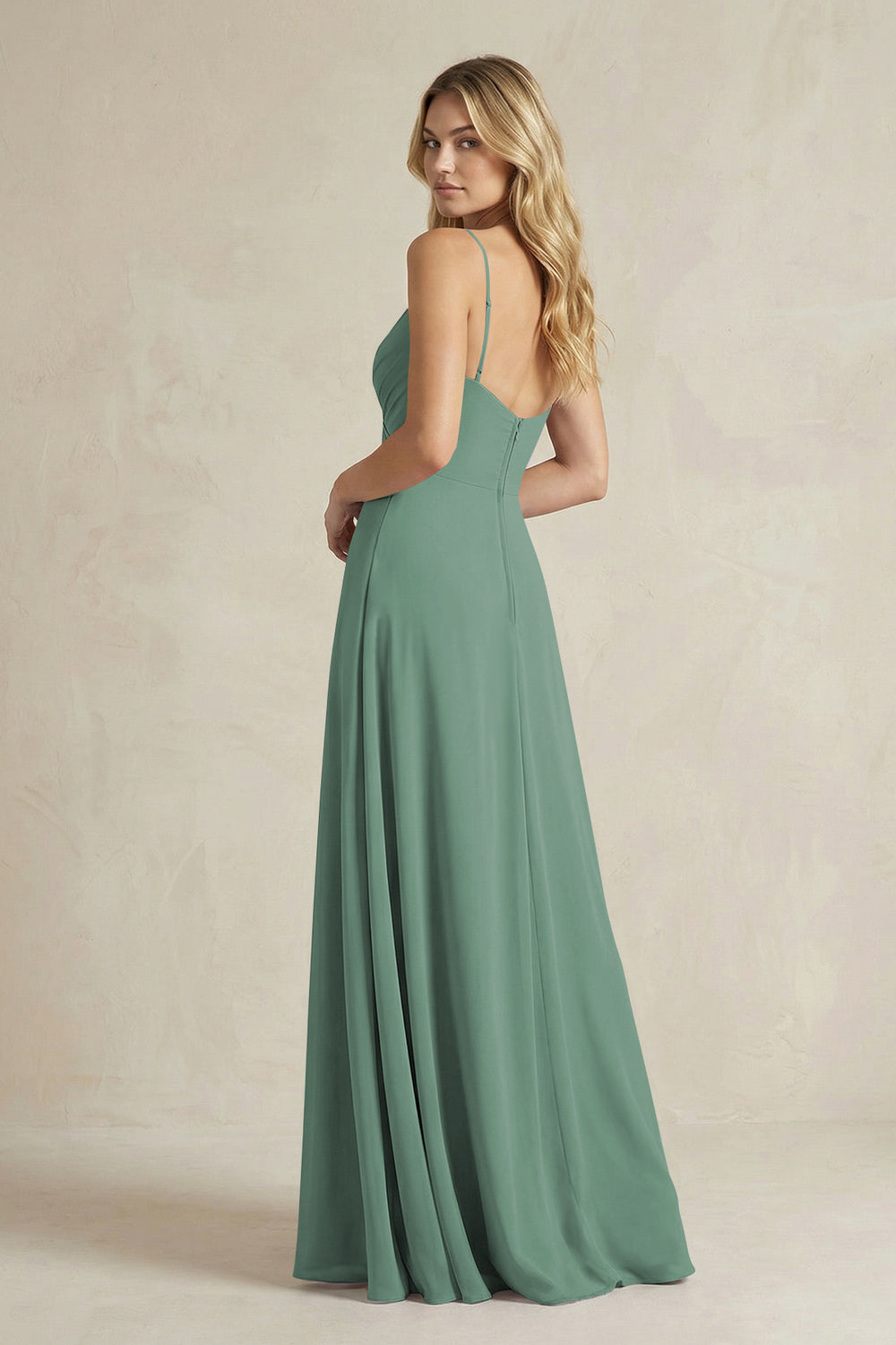 Sheath Cami Strap Ruched Chiffon Bridesmaid Dress in Sea Glass