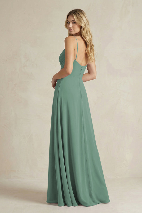Sheath Cami Strap Ruched Chiffon Bridesmaid Dress in Sea Glass (2) | KISSBRIDAL