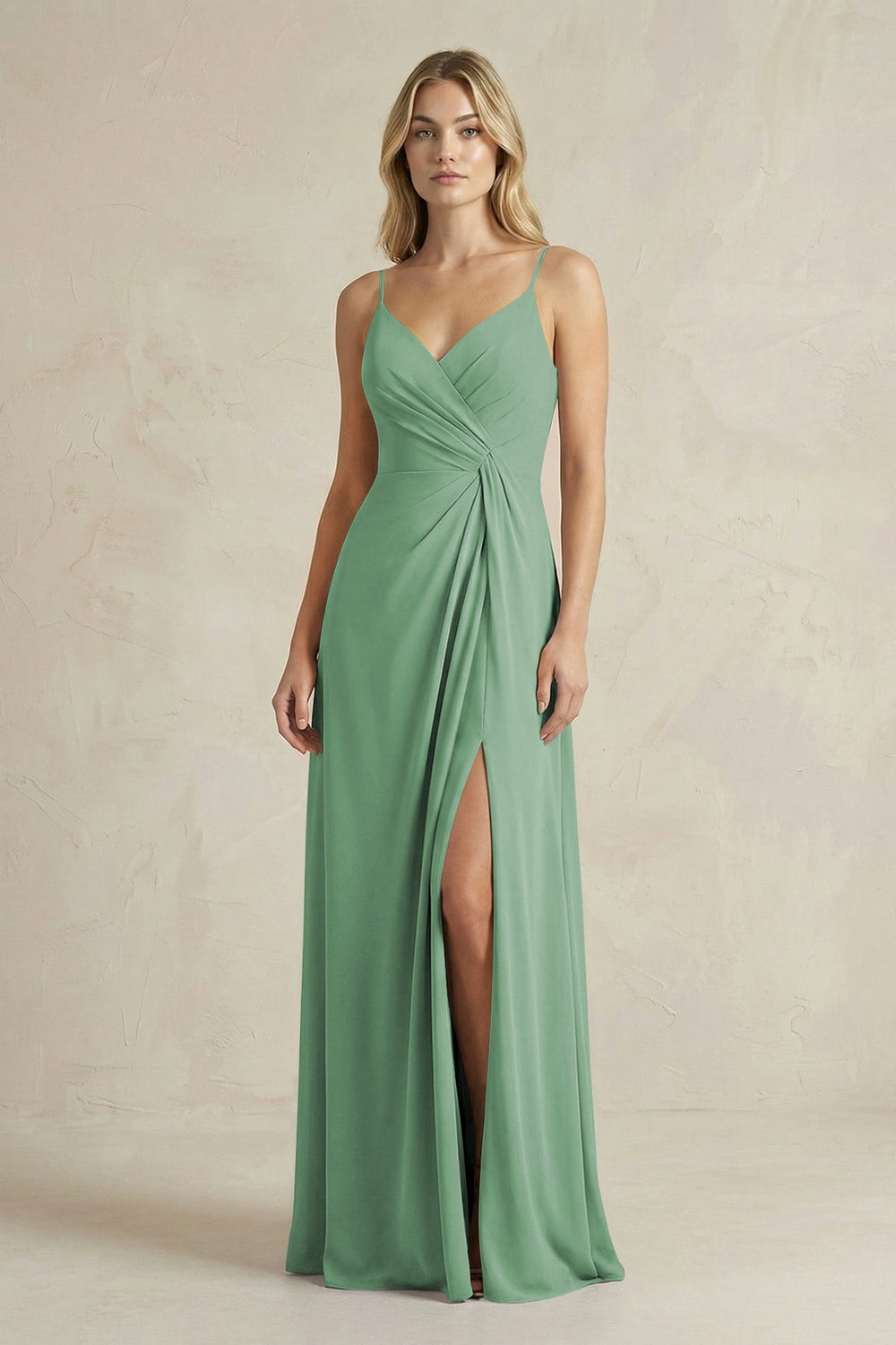 Sheath Cami Strap Ruched Chiffon Bridesmaid Dress in Sea Glass - KISS BRIDAL Bridesmaid Dresses
