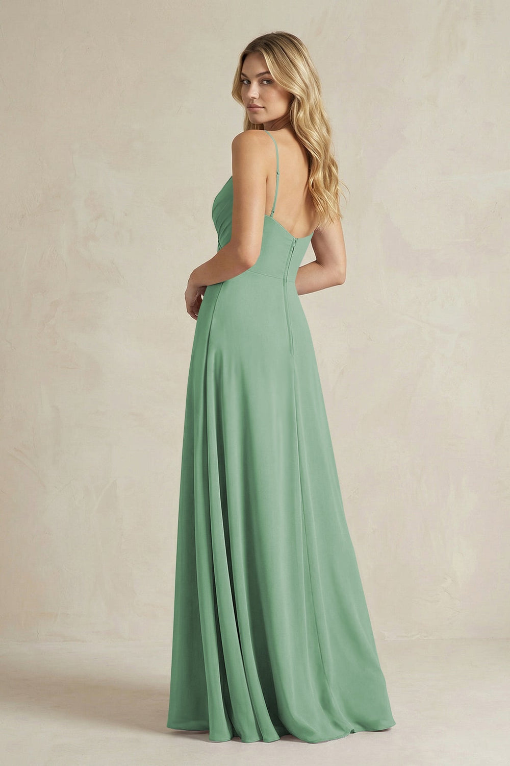 Sheath Cami Strap Ruched Chiffon Bridesmaid Dress in Sea Glass - KISS BRIDAL Bridesmaid Dresses