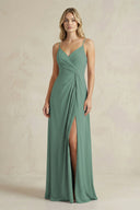 Sheath Cami Strap Ruched Chiffon Bridesmaid Dress in Sea Glass | KISSBRIDAL