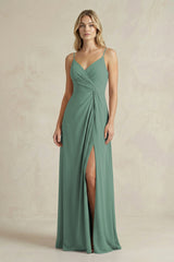 Sheath Cami Strap Ruched Chiffon Bridesmaid Dress in Sea Glass | KISSBRIDAL
