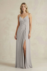 Sheath Cami Strap Ruched Chiffon Bridesmaid Dress in Silver - KISS BRIDAL Bridesmaid Dresses