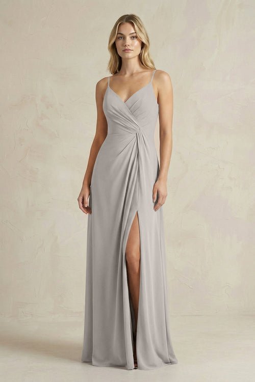 Sheath Cami Strap Ruched Chiffon Bridesmaid Dress in Silver - SHE IS ME Bridesmaid Dresses