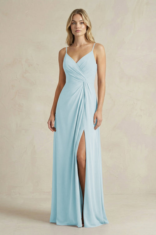 Sheath Cami Strap Ruched Chiffon Bridesmaid Dress in Sky Blue - SHE IS ME Bridesmaid Dresses