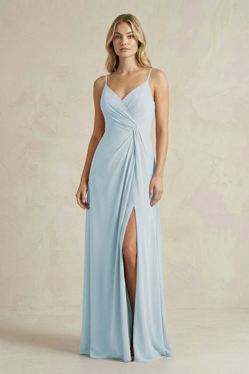 Sheath Cami Strap Ruched Chiffon Bridesmaid Dress in Sky Blue | KISSBRIDAL