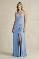 Sheath Cami Strap Ruched Chiffon Bridesmaid Dress in Steel Blue | KISSBRIDAL