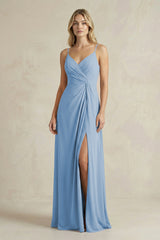 Sheath Cami Strap Ruched Chiffon Bridesmaid Dress in Steel Blue | KISSBRIDAL