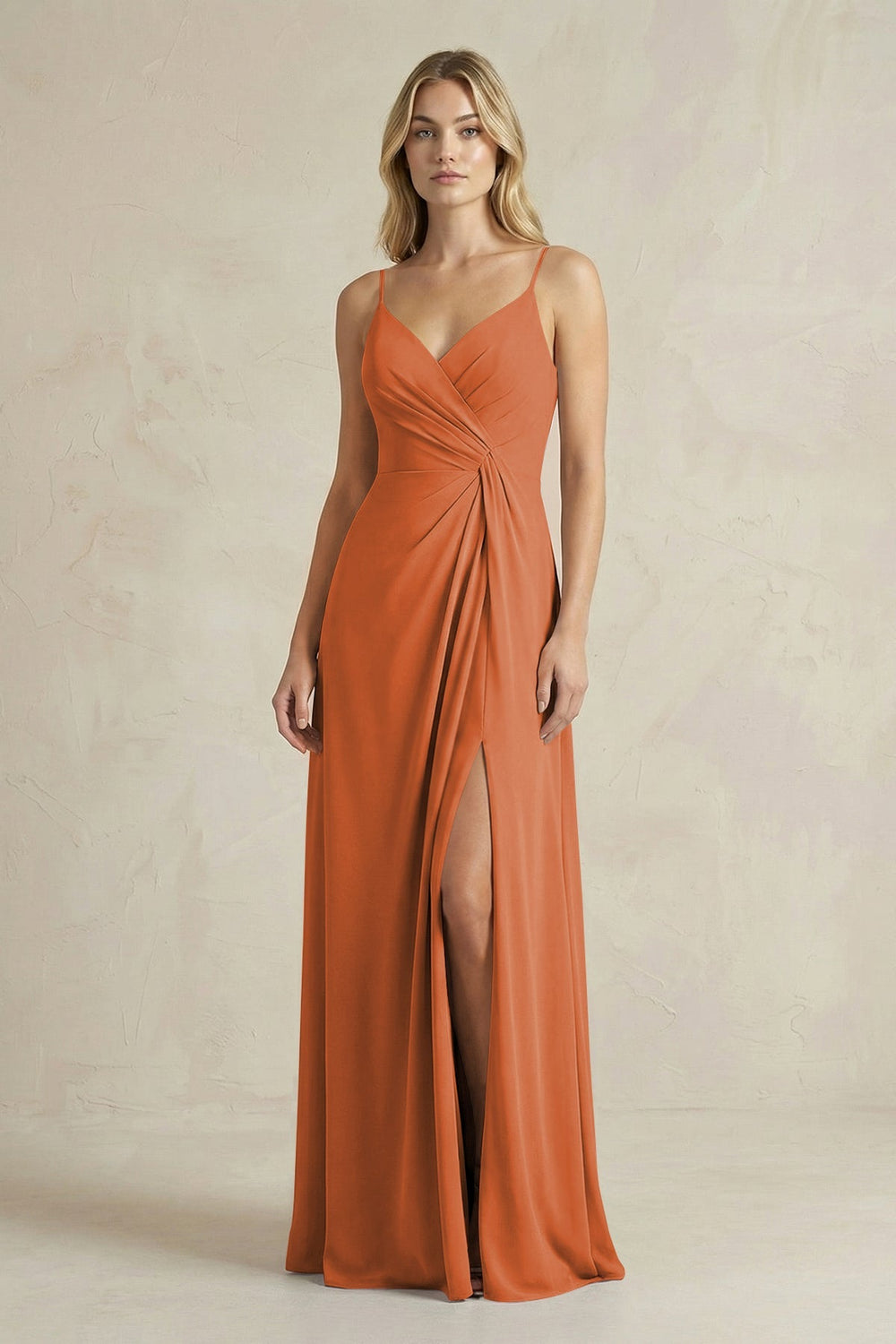 Sheath Cami Strap Ruched Chiffon Bridesmaid Dress in Terracotta - KISS BRIDAL Bridesmaid Dresses
