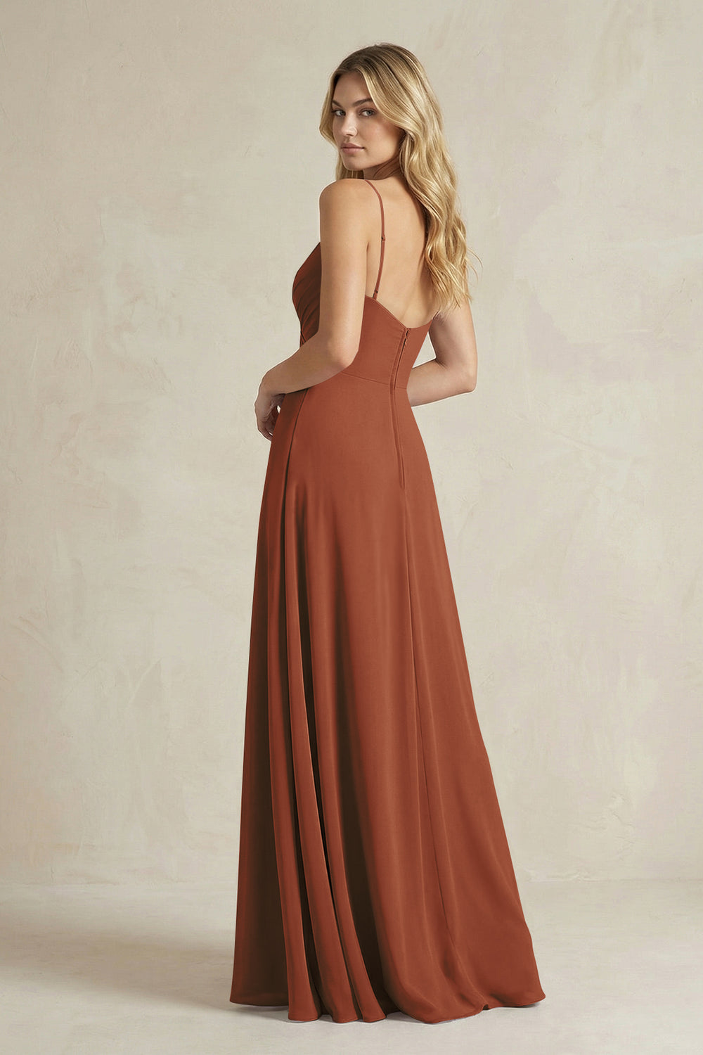 Sheath Cami Strap Ruched Chiffon Bridesmaid Dress in Terracotta