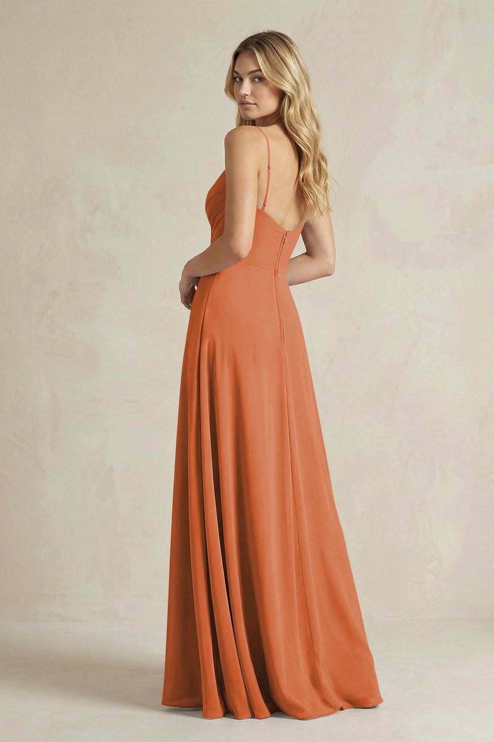 Sheath Cami Strap Ruched Chiffon Bridesmaid Dress in Terracotta - KISS BRIDAL Bridesmaid Dresses