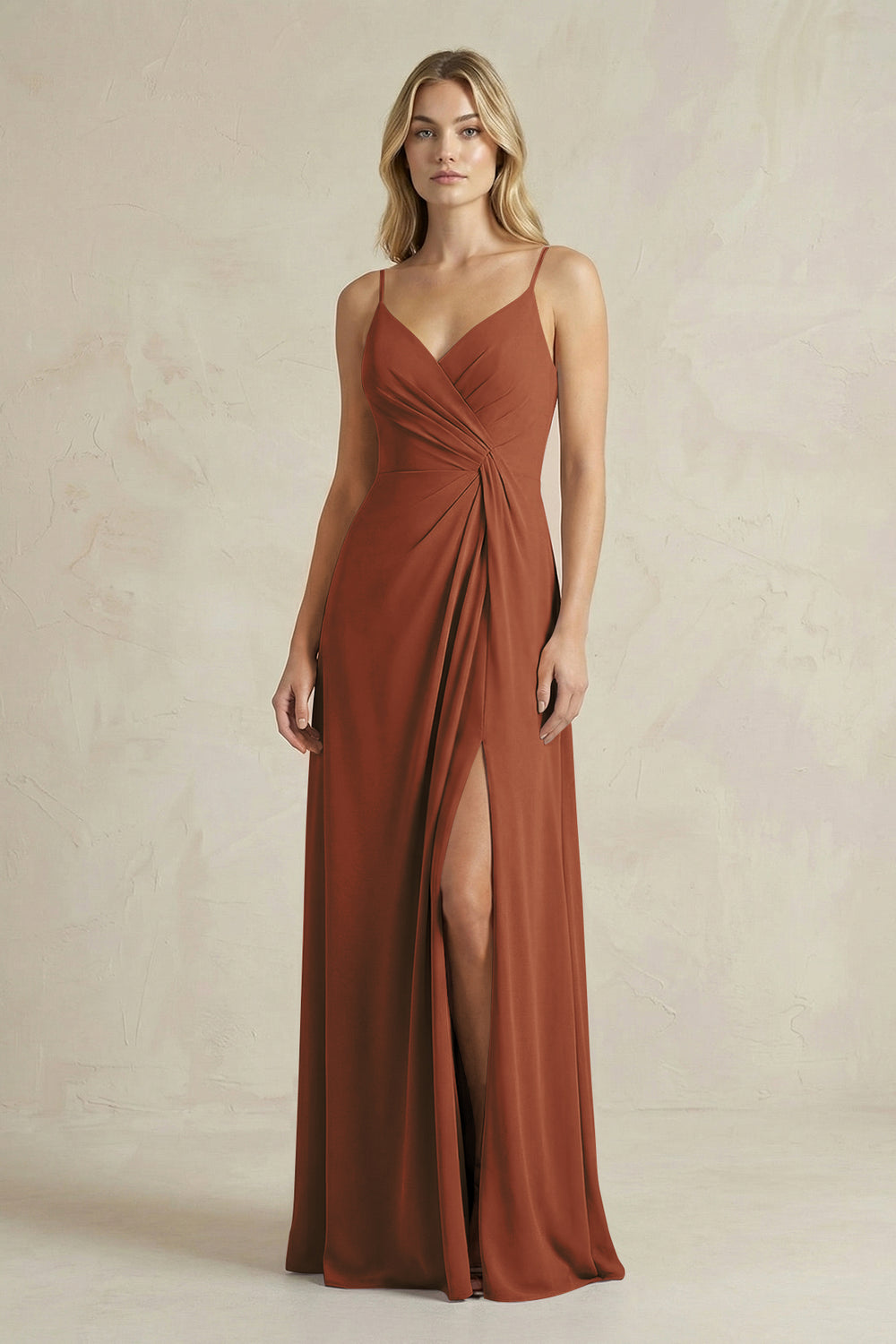 Sheath Cami Strap Ruched Chiffon Bridesmaid Dress in Terracotta