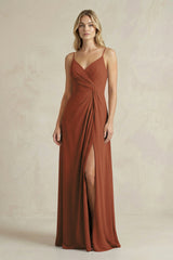 Sheath Cami Strap Ruched Chiffon Bridesmaid Dress in Terracotta | KISSBRIDAL