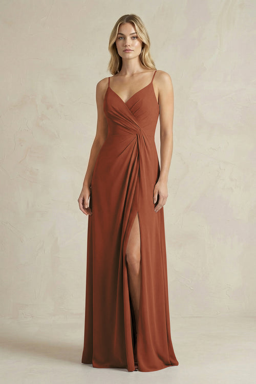 Sheath Cami Strap Ruched Chiffon Bridesmaid Dress in Terracotta | KISSBRIDAL