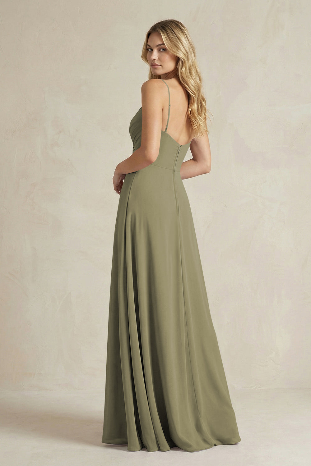 Sheath Cami Strap Ruched Chiffon Bridesmaid Dress in Thyme