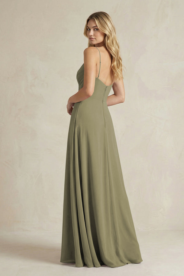 Sheath Cami Strap Ruched Chiffon Bridesmaid Dress in Thyme (2) | KISSBRIDAL