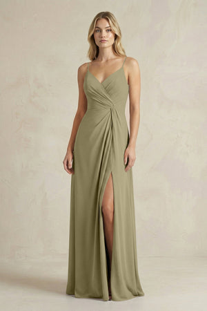 Sheath Cami Strap Ruched Chiffon Bridesmaid Dress in Thyme - SHE IS ME Bridesmaid Dresses