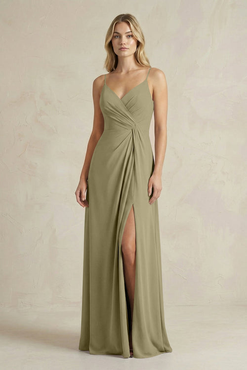 Sheath Cami Strap Ruched Chiffon Bridesmaid Dress in Thyme - SHE IS ME Bridesmaid Dresses