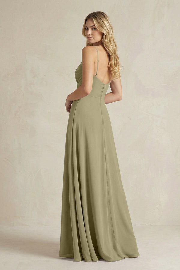 Sheath Cami Strap Ruched Chiffon Bridesmaid Dress in Thyme - SHE IS ME Bridesmaid Dresses