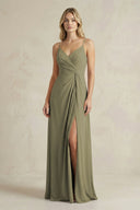Sheath Cami Strap Ruched Chiffon Bridesmaid Dress in Thyme | KISSBRIDAL