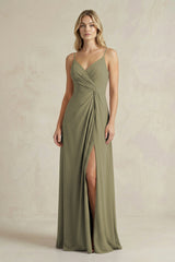 Sheath Cami Strap Ruched Chiffon Bridesmaid Dress in Thyme | KISSBRIDAL