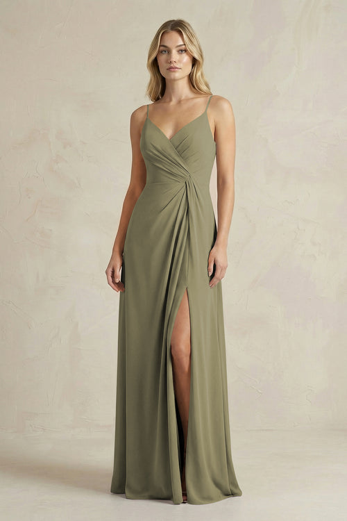 Sheath Cami Strap Ruched Chiffon Bridesmaid Dress in Thyme | KISSBRIDAL