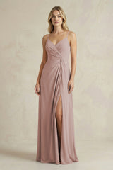 Sheath Cami Strap Ruched Chiffon Bridesmaid Dress in Toffee | KISSBRIDAL