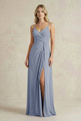 Sheath Cami Strap Ruched Chiffon Bridesmaid Dress in Twilight - KISS BRIDAL Bridesmaid Dresses