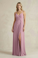 Sheath Cami Strap Ruched Chiffon Bridesmaid Dress in Vintage Mauve | KISSBRIDAL