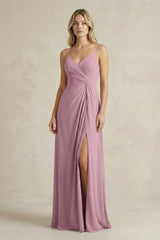 Sheath Cami Strap Ruched Chiffon Bridesmaid Dress in Vintage Mauve | KISSBRIDAL