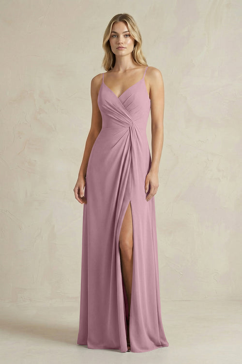 Sheath Cami Strap Ruched Chiffon Bridesmaid Dress in Vintage Mauve | KISSBRIDAL