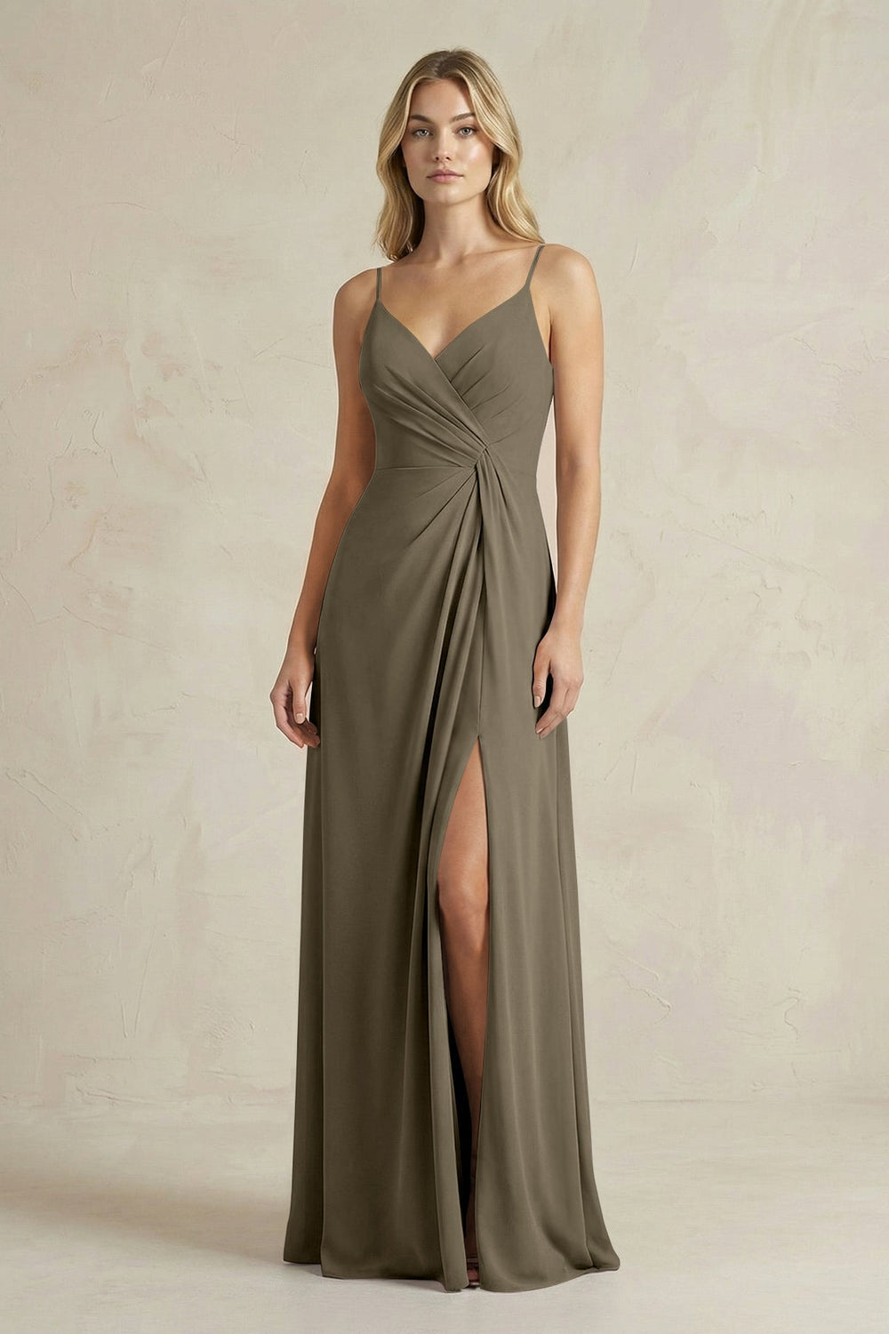 Sheath Cami Strap Ruched Chiffon Bridesmaid Dress in Willow Green - KISS BRIDAL Bridesmaid Dresses