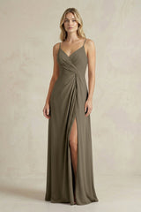 Sheath Cami Strap Ruched Chiffon Bridesmaid Dress in Willow Green - KISS BRIDAL Bridesmaid Dresses