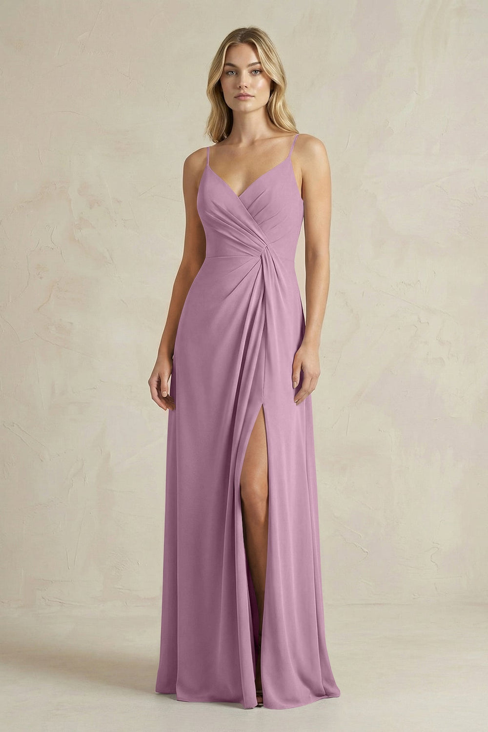 Sheath Cami Strap Ruched Chiffon Bridesmaid Dress in Wisteria - KISS BRIDAL Bridesmaid Dresses