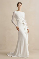 Sheath Chiffon Bateau Long Sleeve Wedding Dress in White - KISS BRIDAL Wedding Dresses