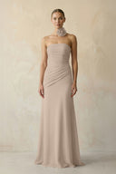 Sheath Chiffon Strapless Pleated Bridesmaid Dress in Almond - KISS BRIDAL Bridesmaid Dresses