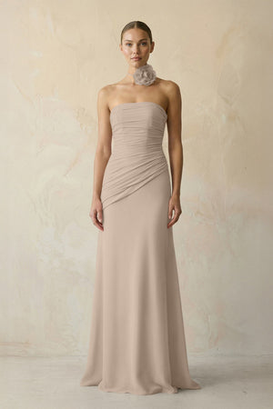 Sheath Chiffon Strapless Pleated Bridesmaid Dress in Almond - KISS BRIDAL Bridesmaid Dresses