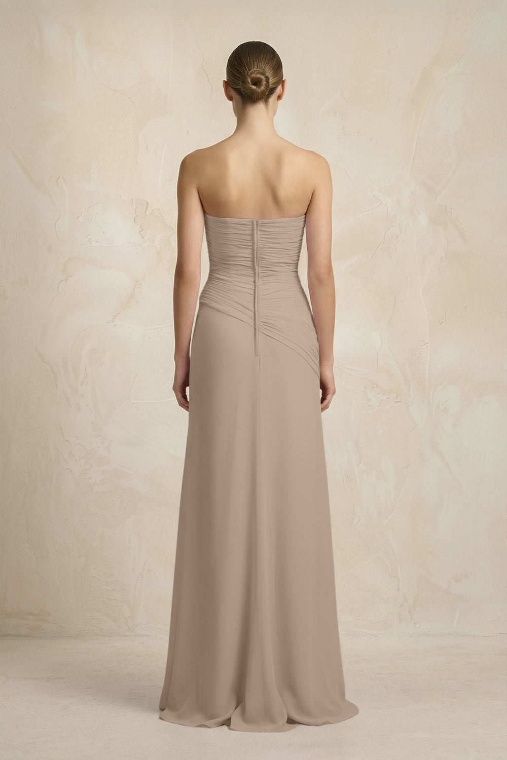 Sheath Chiffon Strapless Pleated Bridesmaid Dress in Almond