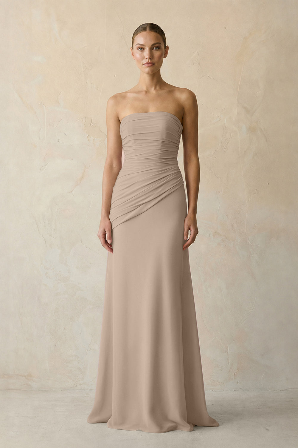 Sheath Chiffon Strapless Pleated Bridesmaid Dress in Almond