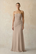 Sheath Chiffon Strapless Pleated Bridesmaid Dress in Almond | KISSBRIDAL
