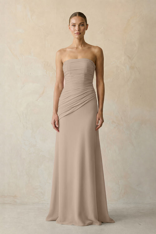 Sheath Chiffon Strapless Pleated Bridesmaid Dress in Almond | KISSBRIDAL