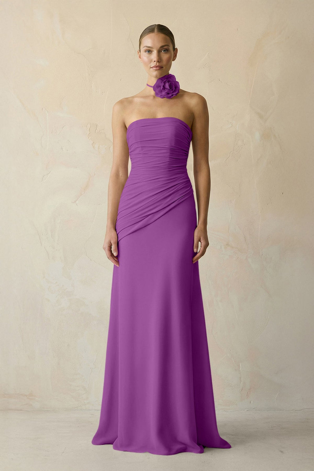 Sheath Chiffon Strapless Pleated Bridesmaid Dress in Amethyst - KISS BRIDAL Bridesmaid Dresses
