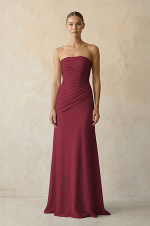 Sheath Chiffon Strapless Pleated Bridesmaid Dress in Berry | KISSBRIDAL