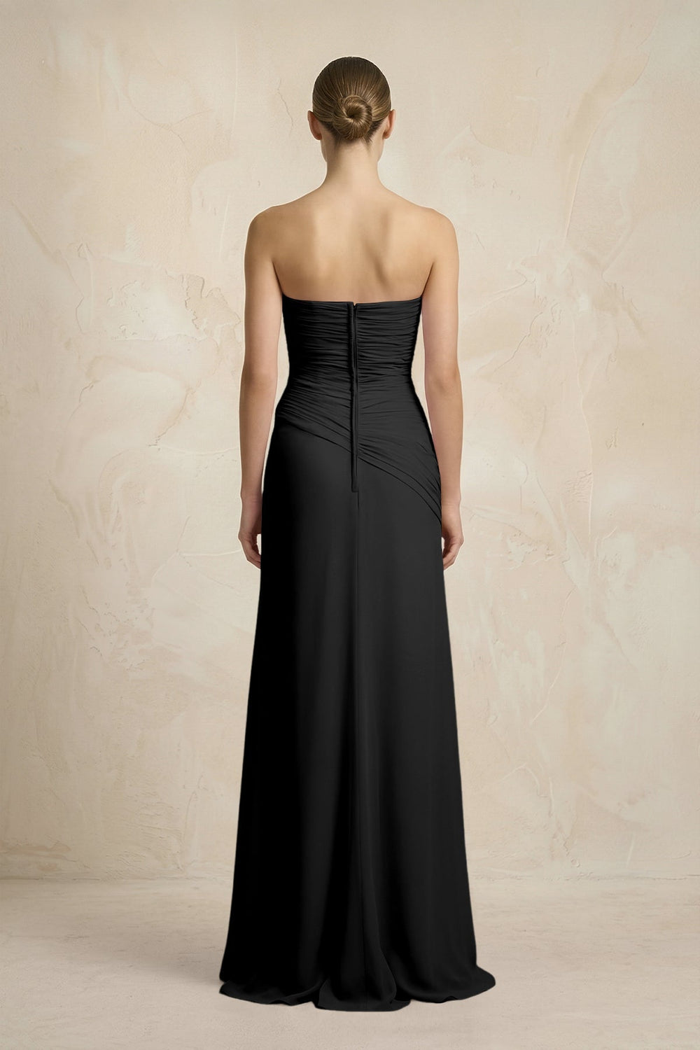 Sheath Chiffon Strapless Pleated Bridesmaid Dress in Black - SHE IS ME Bridesmaid Dresses