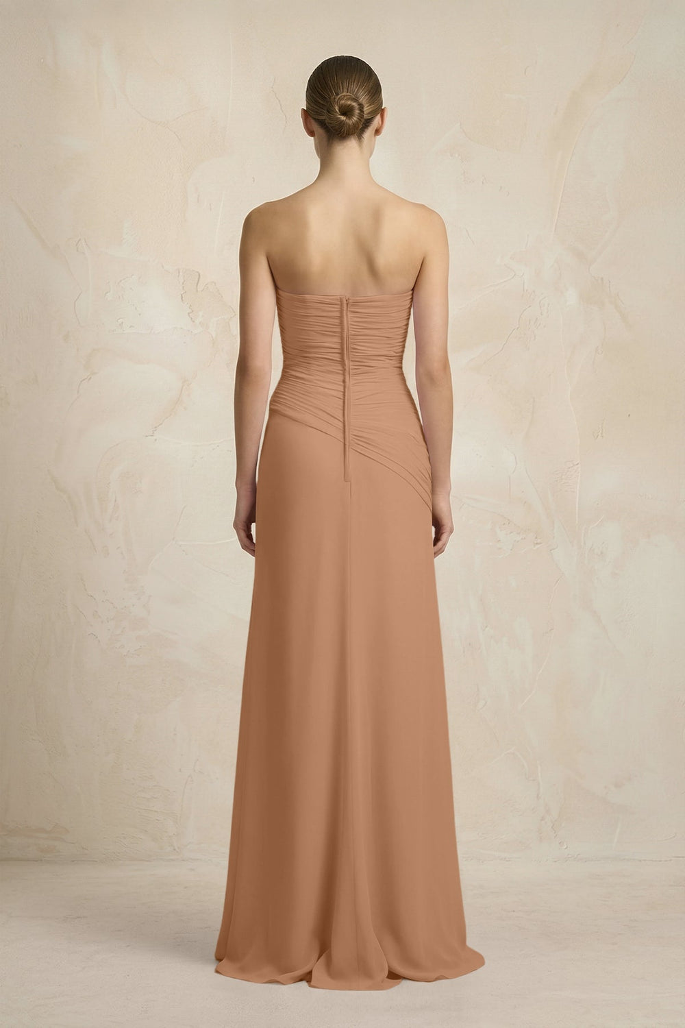 Sheath Chiffon Strapless Pleated Bridesmaid Dress in Bronzer - SHE IS ME Bridesmaid Dresses