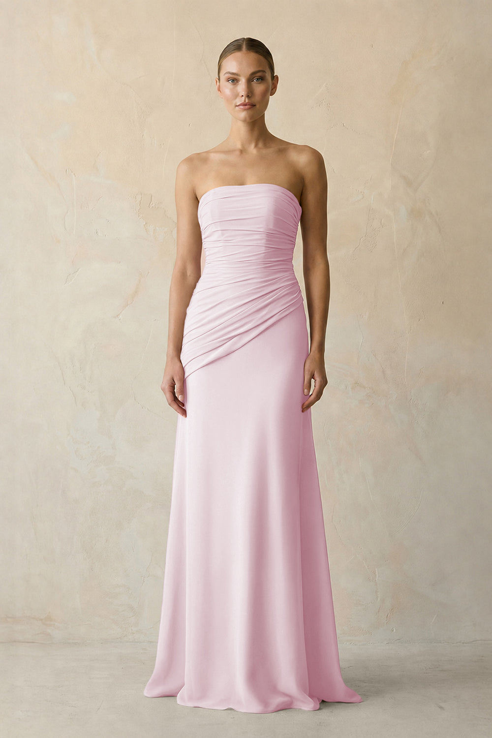 Sheath Chiffon Strapless Pleated Bridesmaid Dress in Candy Pink