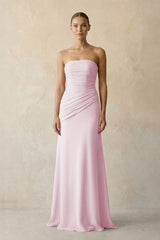 Sheath Chiffon Strapless Pleated Bridesmaid Dress in Candy Pink | KISSBRIDAL